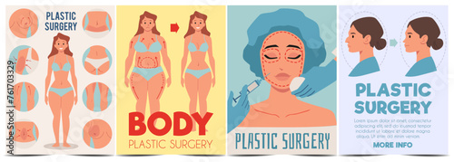 Types of plastic surgery infographics, facial and body lift correction and reduction, rhinoplasty liposuction vector set
