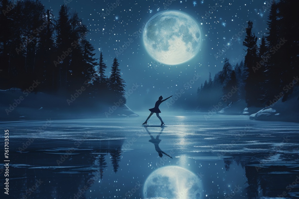 A person stands on a frozen lake, illuminated by the light of a full moon, A picturesque depiction of a figure skater performing a spin move on a moonlit frozen lake, AI Generated