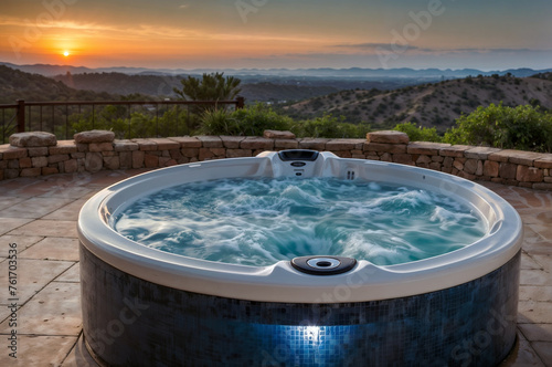 Bubbling hot tub with panoramic sunset views over rolling hills.