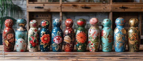 A row of intricately painted Russian nesting dolls displayed on a wooden table, traditional craftsmanship, vibrant colors and detailed patterns, cultural art, close-up of the unique designs, warm wood