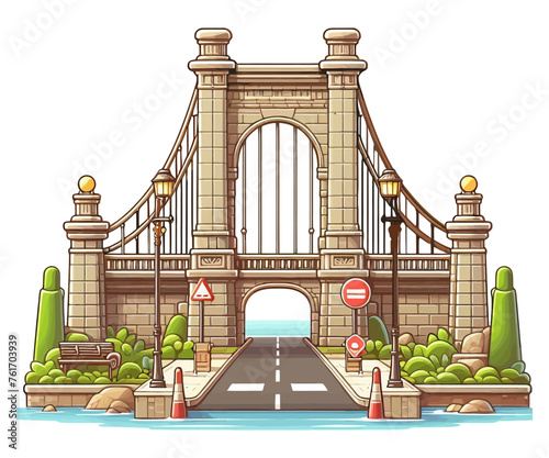 Drawing of a bridge spanning over a flowing river.