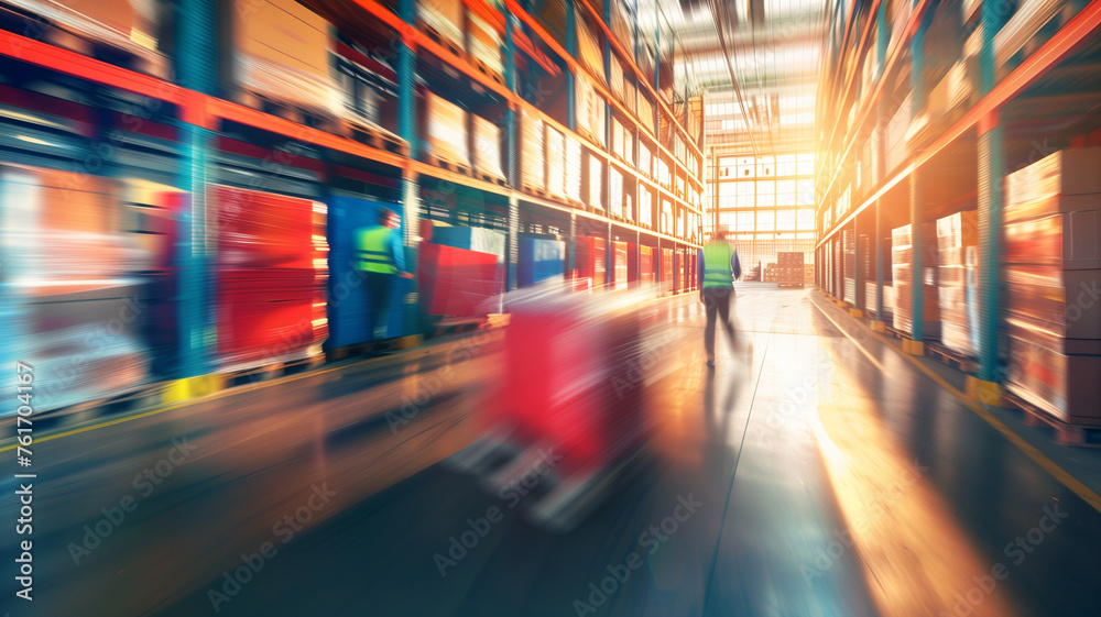 A warehouse with a man in a yellow vest walking in front of a red cart A warehouse with a man in a yellow vest walking in front of a red cart