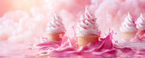 Ice cream with swirling cream, set against a backdrop of soft pink clouds and splashing milk. Creative dessert marketing