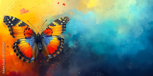 A butterfly sits on the wall with colorful paint brush strokes. Abstract modern art. © Svetlana Kolpakova