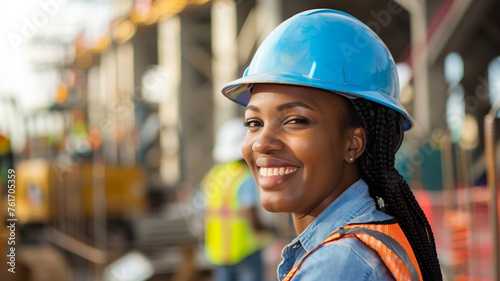 A woman wearing a blue helmet and a yellow vest is smiling