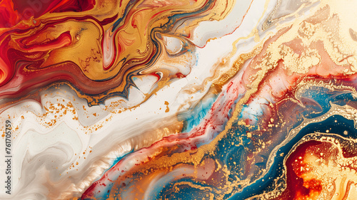 A painting with gold and blue colors and red streaks