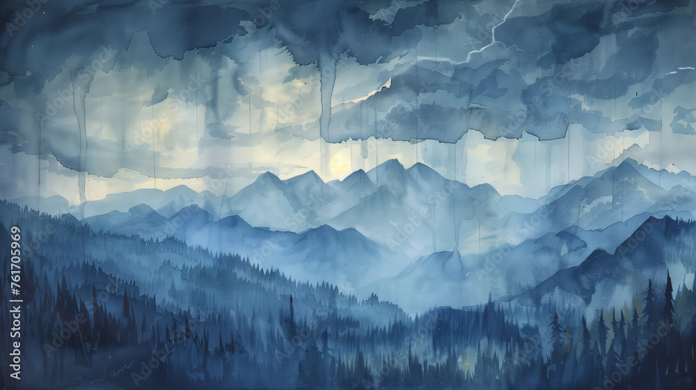 A painting of a mountain range with a stormy sky and a lightning bolt