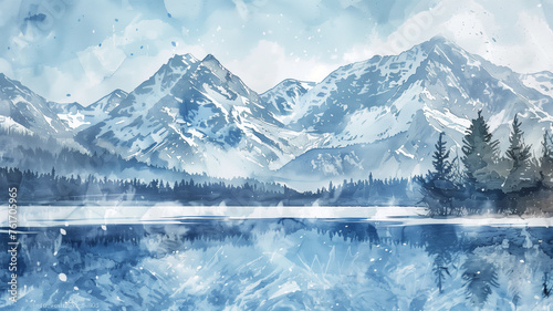 A beautiful painting of a mountain range with a lake in the foreground
