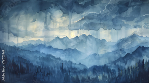 A painting of a mountain range with a stormy sky and a lightning bolt © CtrlN