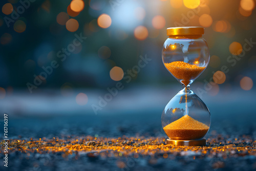 Golden sand hourglass on twilight backdrop. Time passing concept, urgency, fleeting moments. Reflective surface, sparkling particles, metaphor for patience