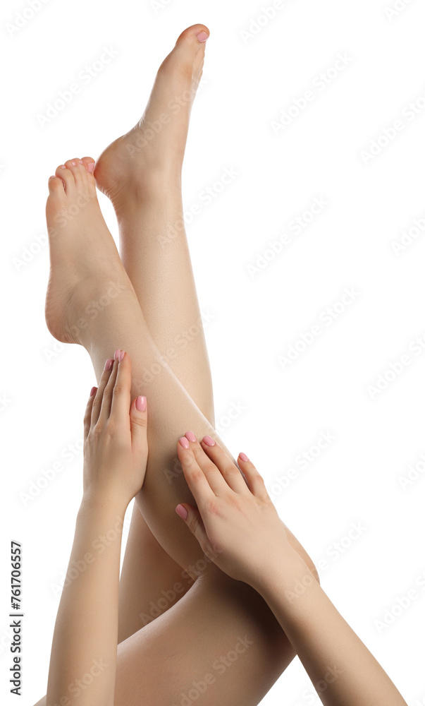 Woman with beautiful legs isolated on white, closeup Woman with beautiful legs isolated on white, closeup