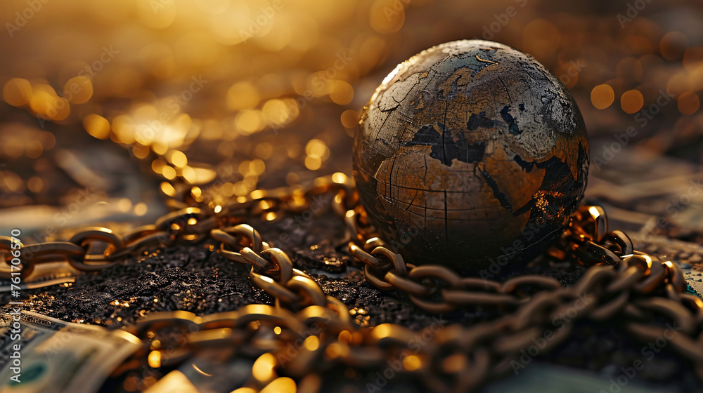 Economic crisis, globe weighed down by large chains, cryptocurrencies and coin money, a concept of the Global recession economy and declining - obrazy, fototapety, plakaty 