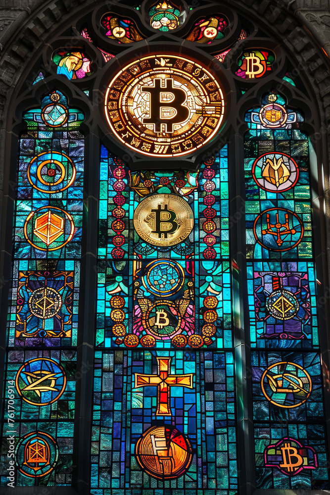 A stained glass window depicting the BNB coin surrounded by symbols of trading, investment, and blockchain technology