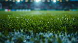 A soccer field with a blurry background and a bright light shining on the grass