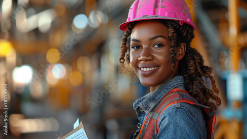 A woman wearing a pink hard hat and a blue vest is smiling