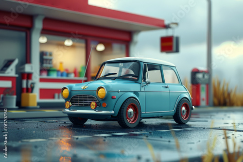A cartoon blue car near a gas station. 3d illustration