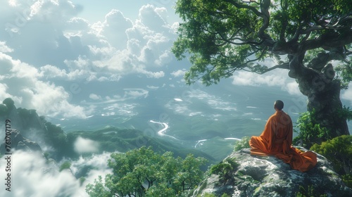 The monk wearing orange clothing sits at the top of mountain near the green tree. 