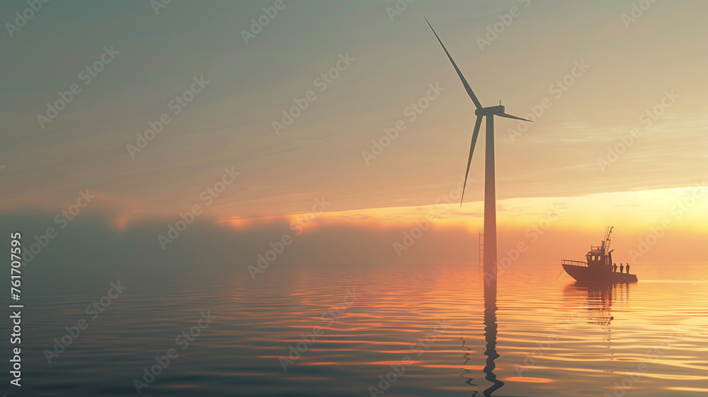 A wind turbine is in the water next to a boat