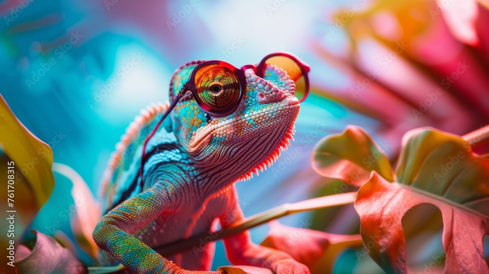 A colorful chameleon dons red sunglasses, camouflaged among vibrant tropical foliage with a dynamic blue and red background.