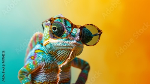 Vibrant chameleon wearing sunglasses poses against a colorful orange and teal gradient background.