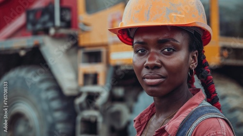 Serious young woman with hardhat on a construction background. Confident female engineer at construction site