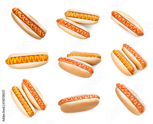 Tasty hot dogs with ketchup and mustard isolated on white  set