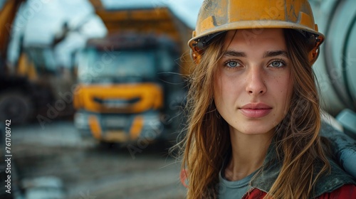 Young woman in a hard hat stands by heavy machinery, displaying confidence.  Confident female engineer at construction site © losmostachos