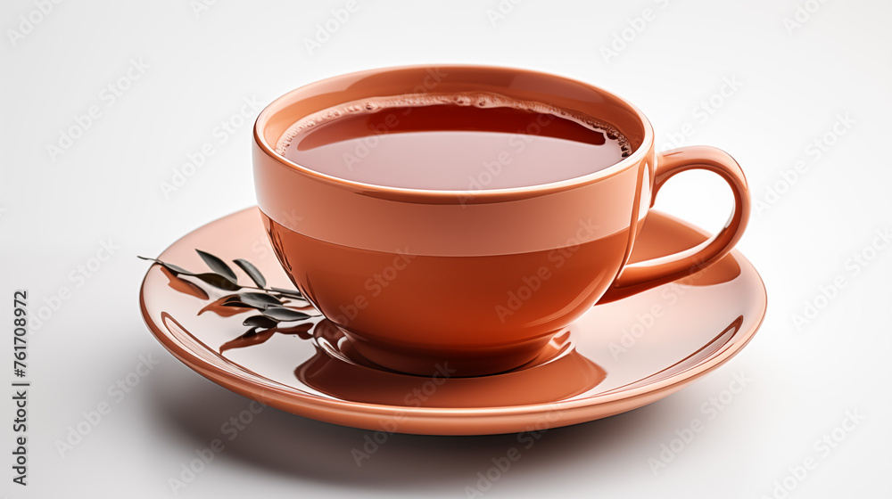 cup of fruit tea. Tea in antique porcelain cup isolated on white background. Porcelain cup and saucer with delicate relief structures