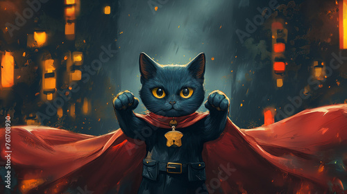 Cat illustration Cute gray cat in superhero outfit.  photo