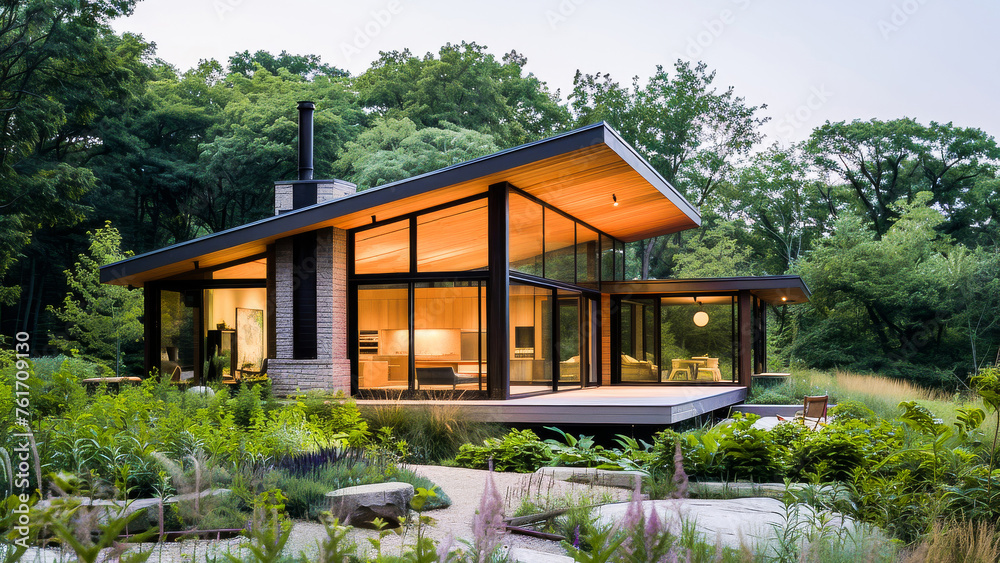 Modern luxury house with large windows surrounded by lush greenery in a peaceful evening setting. Modern luxury house with large windows surrounded by lush greenery in a peaceful evening setting.