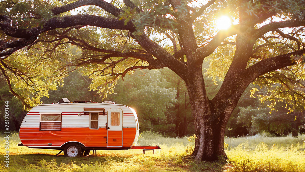 A vintage camper parked under a majestic tree with sunrays filtering through at sunset, indicating a peaceful camping experience.