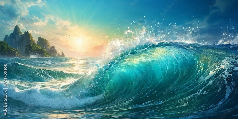 Beautiful seascape with big wave at sunset.