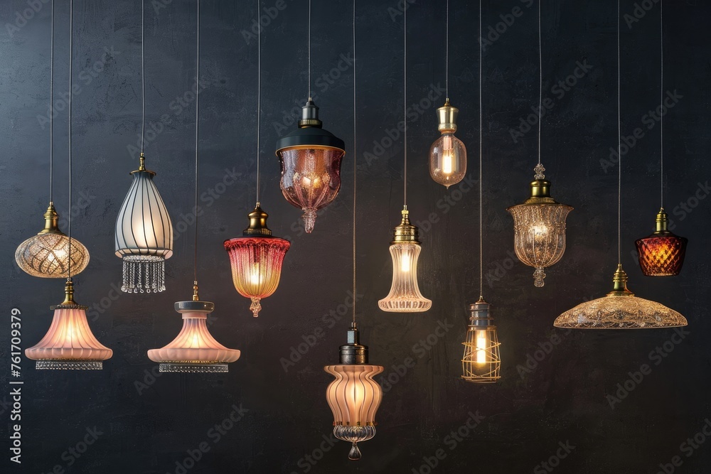 Obraz premium Hanging lamp collection for the beautiful home interior on black background . Generative AI