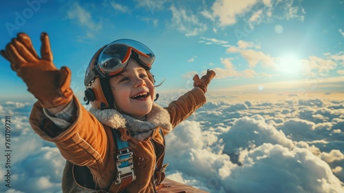 The side view of the picture that has the child flying into the bright sky with the aviator costume and the pair of goggles under the bright light of the bright sun with the happy smile face. AIGX03.