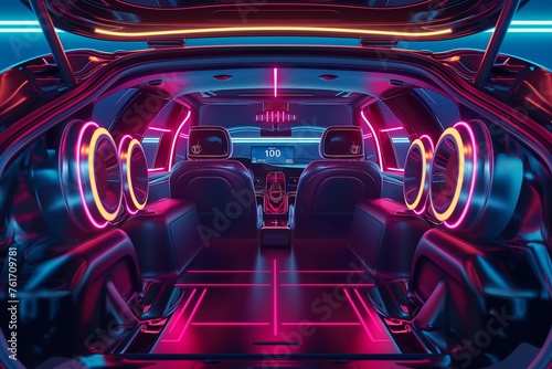 sound audio system of a modern car is installed in the trunk of the car, custom car audio, futuristic concept