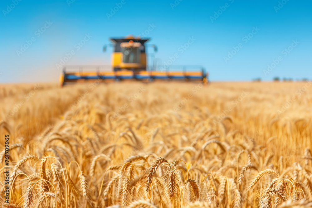 Fototapeta premium Wheat field and blurred combine harvester in a distance. Harvesting concept