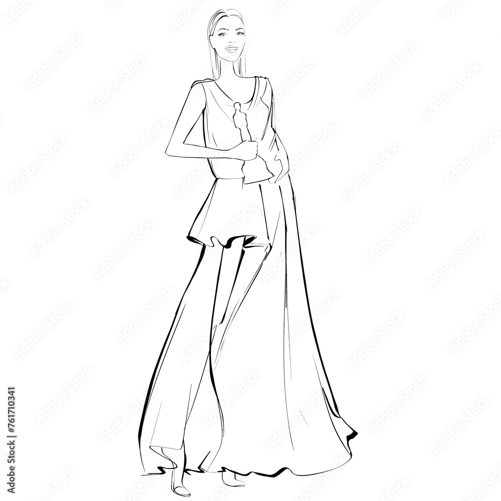 Fashion Illustration on a white background. Woman in an evening dress. Sketch for coloring. Fashion Illustration on a white background. Woman in an evening dress. Sketch for coloring.
