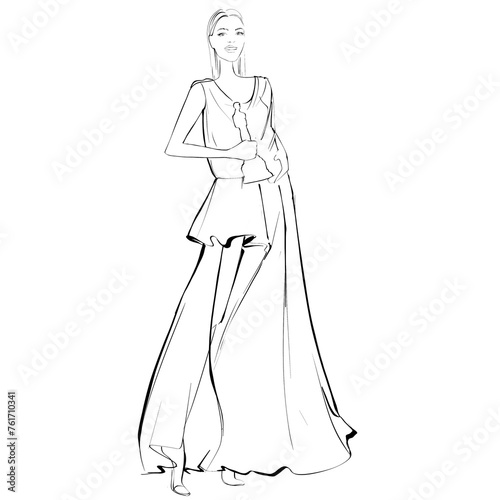 Fashion Illustration on a white background. Woman in an evening dress. Sketch for coloring.