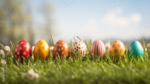Row of Easter eggs in Fresh Green Grass - generative ai