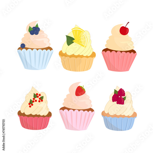 Set of different fruits cupcakes. Delicious muffins collection. Cupcake with chocolate, cream, cherry, strawberry, raspberry, lemon, blueberry. Vector illustration on white background.