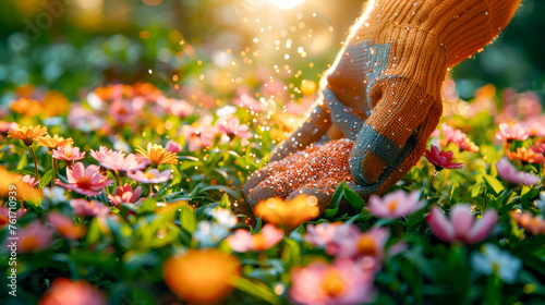 Person standing in field of flowers with their feet in the grass.