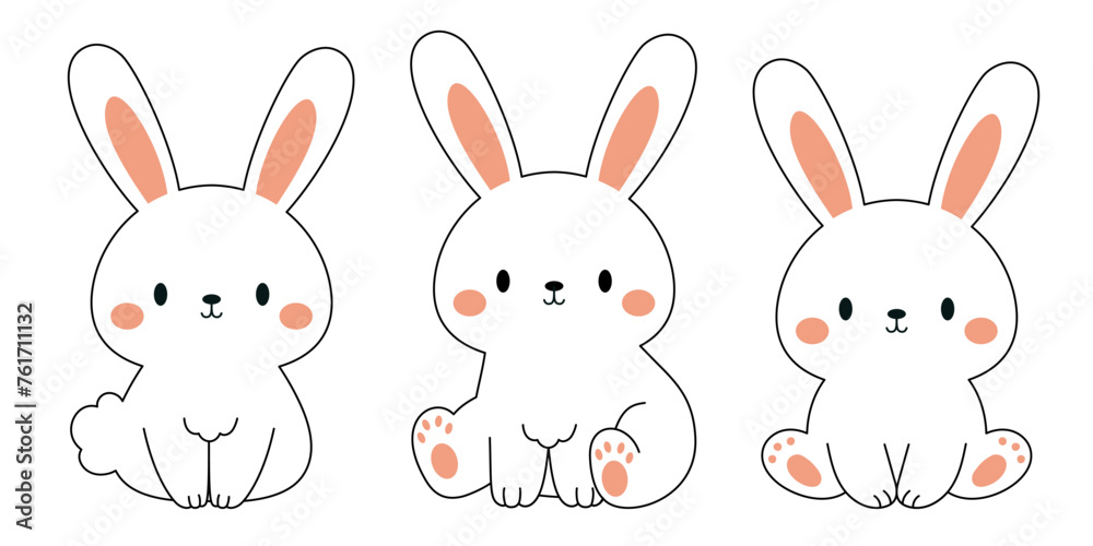 Cute little Easter bunny outline sketch collection in different poses. Cartoon rabbit character for kids cards, baby shower, invitation, poster. Vector stock illustration Cute little Easter bunny outline sketch collection in different poses. Cartoon rabbit character for kids cards, baby shower, invitation, poster. Vector stock illustration