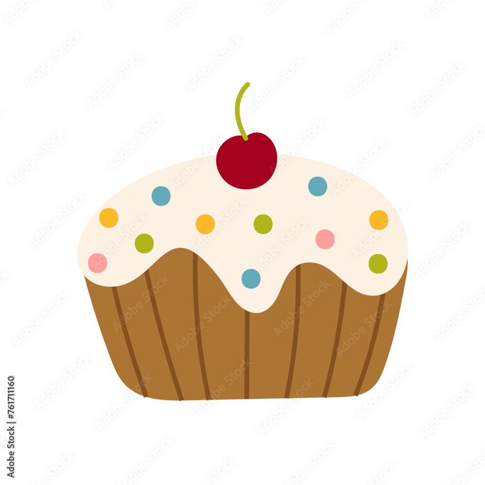 Cute boho cupcake with cherry. Sweet dessert for kids cards, baby shower, invitation, poster. Vector stock illustration in childish style Cute boho cupcake with cherry. Sweet dessert for kids cards, baby shower, invitation, poster. Vector stock illustration in childish style