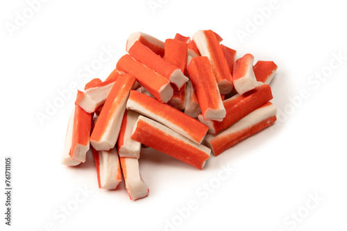 A group of crab sticks isolated on white background. © Nikolay