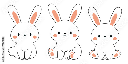 Cute little Easter bunny outline sketch collection in different poses. Cartoon rabbit character for kids cards, baby shower, invitation, poster. Vector stock illustration