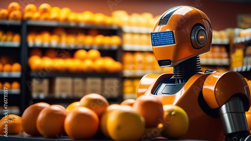 A humanoid robot in a helmet with a screen sells oranges in a large store