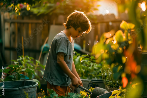 Young boy is using garden hose to water the plants in the garden.