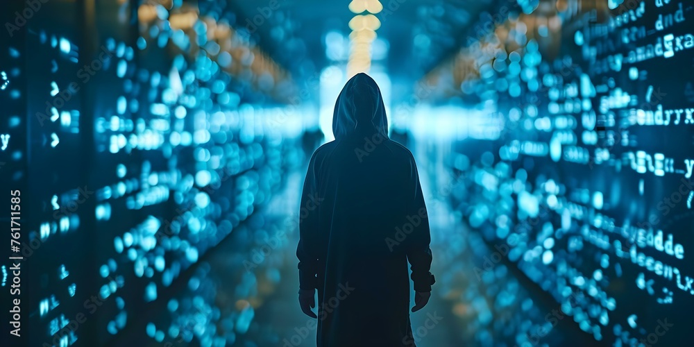 Explore cybersecurity technology protecting data networks from digital threats and hacker warnings. Concept Cyber Threats, Data Protection, Network Security, Hacker Warnings, Cybersecurity Technology - obrazy, fototapety, plakaty 
