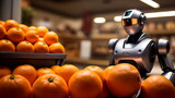 Robot counts oranges on a shelf in a store