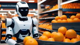 A humanoid robot works in a grocery store, moving boxes of oranges.